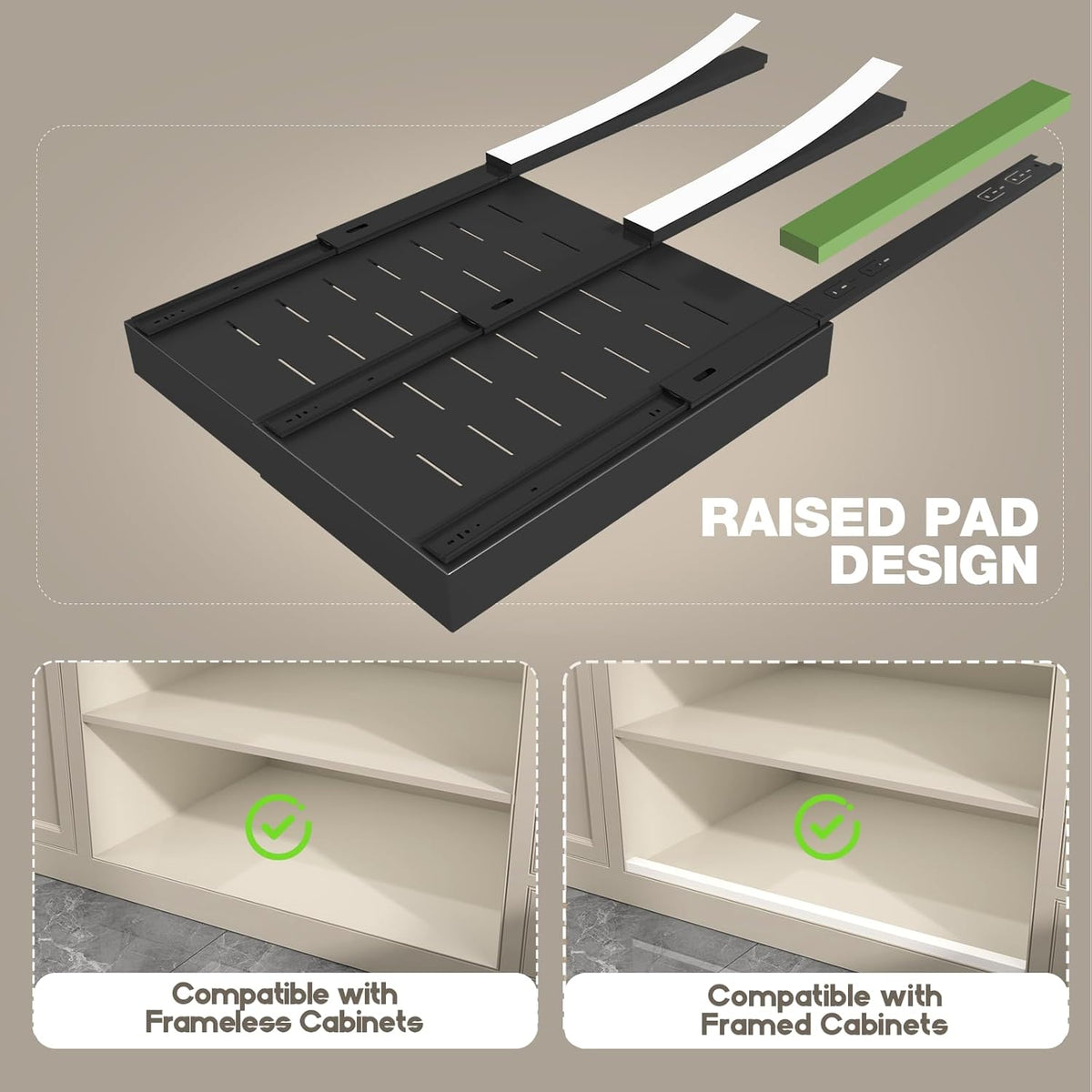 Pull Out Cabinet Organizer 22" Deep,Full Extension 3 Slide Rails Slide Out Drawers With Raising Pad for Framed Cabinets,Expandable Width (12.3"-20.5"),No Drill Roll Out shelf,White
