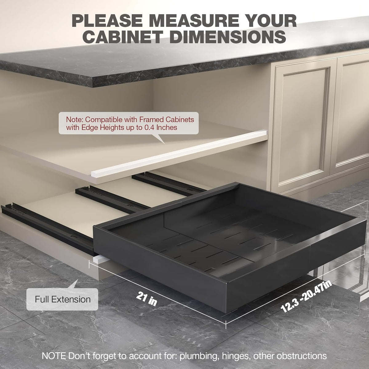 Pull Out Cabinet Organizer 22" Deep,Full Extension 3 Slide Rails Slide Out Drawers With Raising Pad for Framed Cabinets,Expandable Width (12.3"-20.5"),No Drill Roll Out shelf,White
