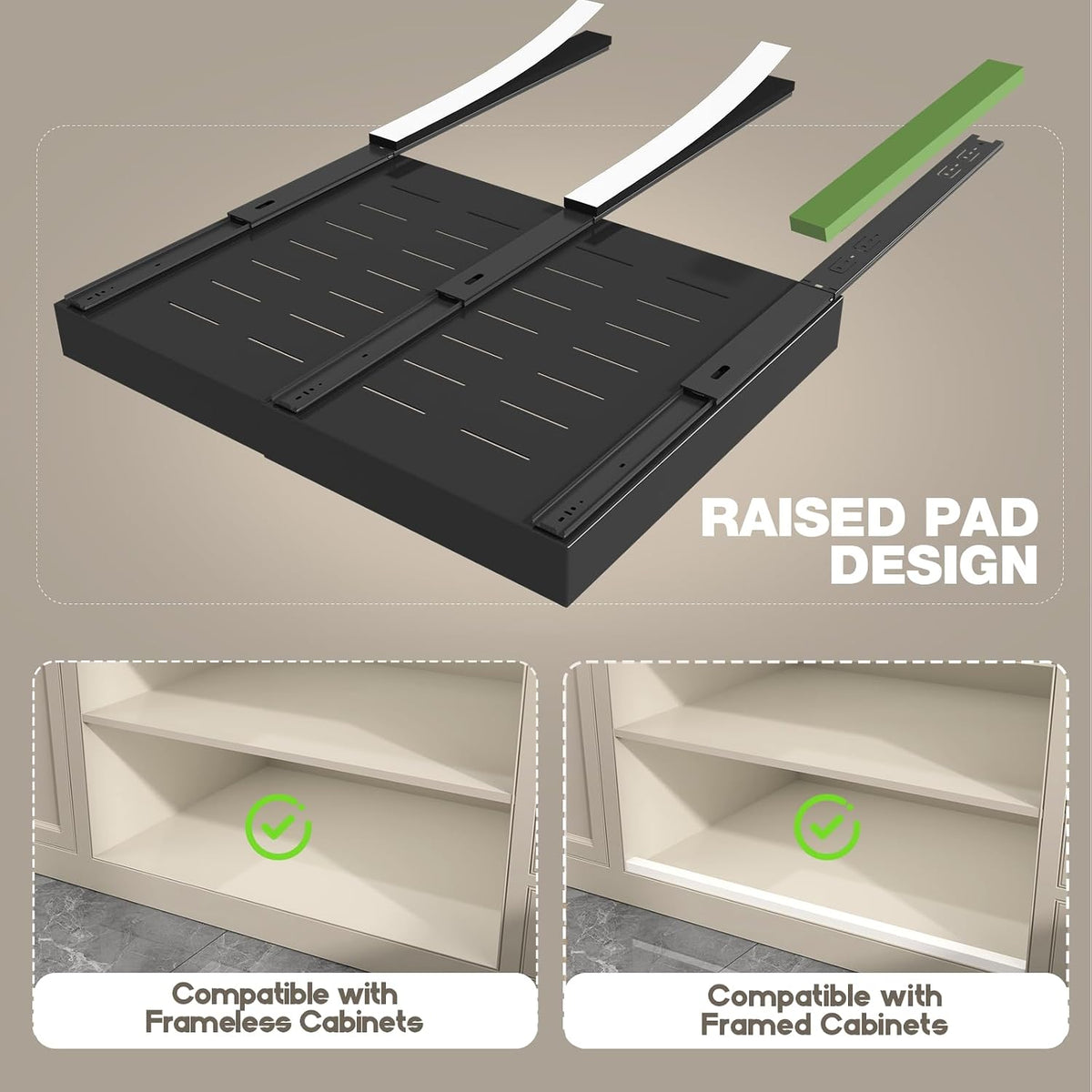 Pull Out Cabinet Organizer 22" Deep,Full Extension 3 Slide Rails Slide Out Drawers With Raising Pad for Framed Cabinets,Expandable Width (12.3"-20.5"),No Drill Roll Out shelf,White