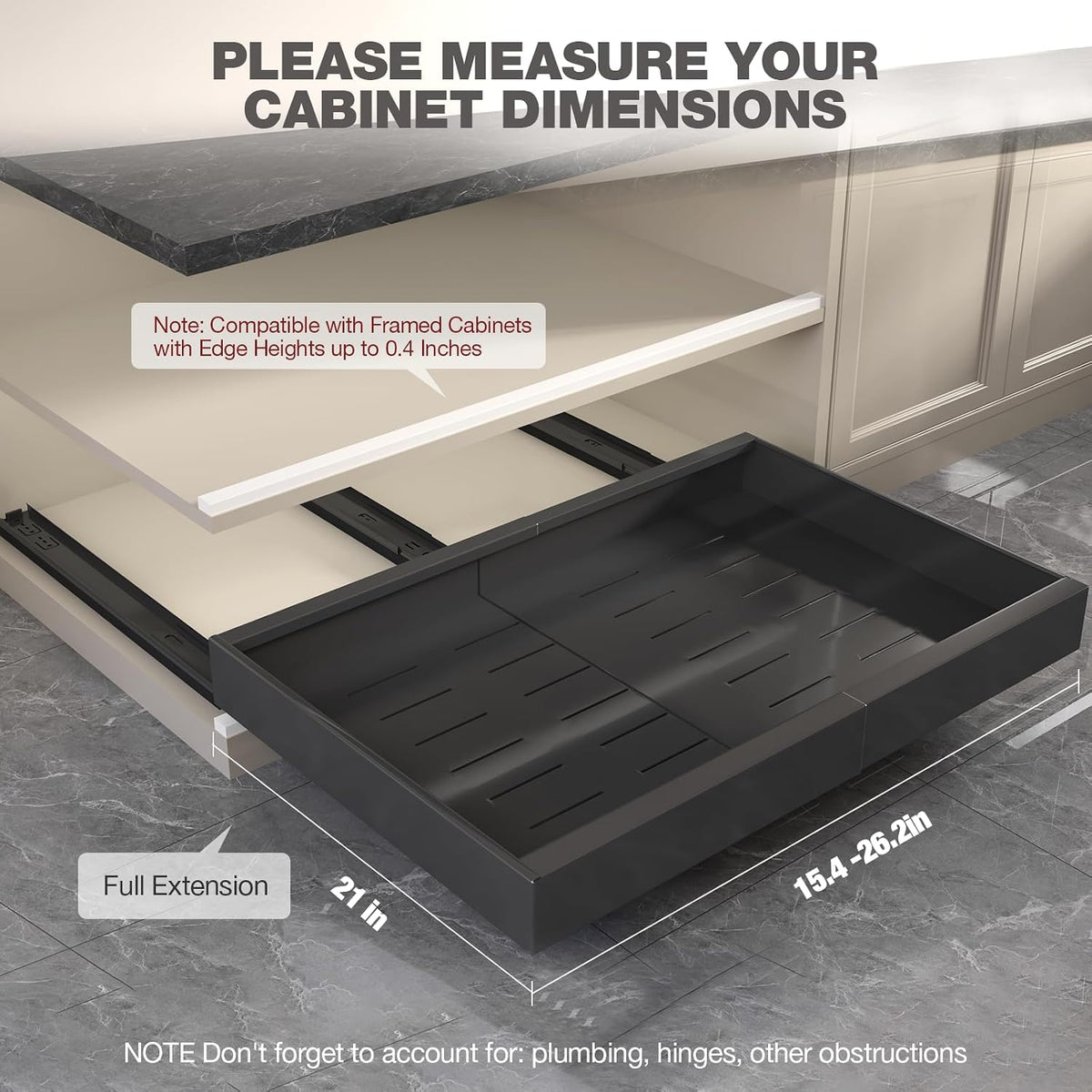 Pull Out Cabinet Organizer 22" Deep,Full Extension 3 Slide Rails Slide Out Drawers With Raising Pad for Framed Cabinets,Expandable Width (12.3"-20.5"),No Drill Roll Out shelf,White