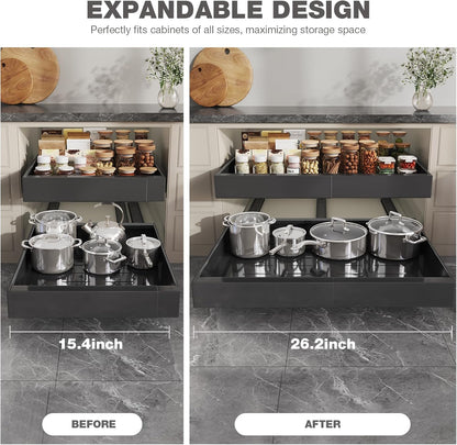 Pull Out Cabinet Organizer 22" Deep,Full Extension 3 Slide Rails Slide Out Drawers With Raising Pad for Framed Cabinets,Expandable Width (12.3"-20.5"),No Drill Roll Out shelf,White