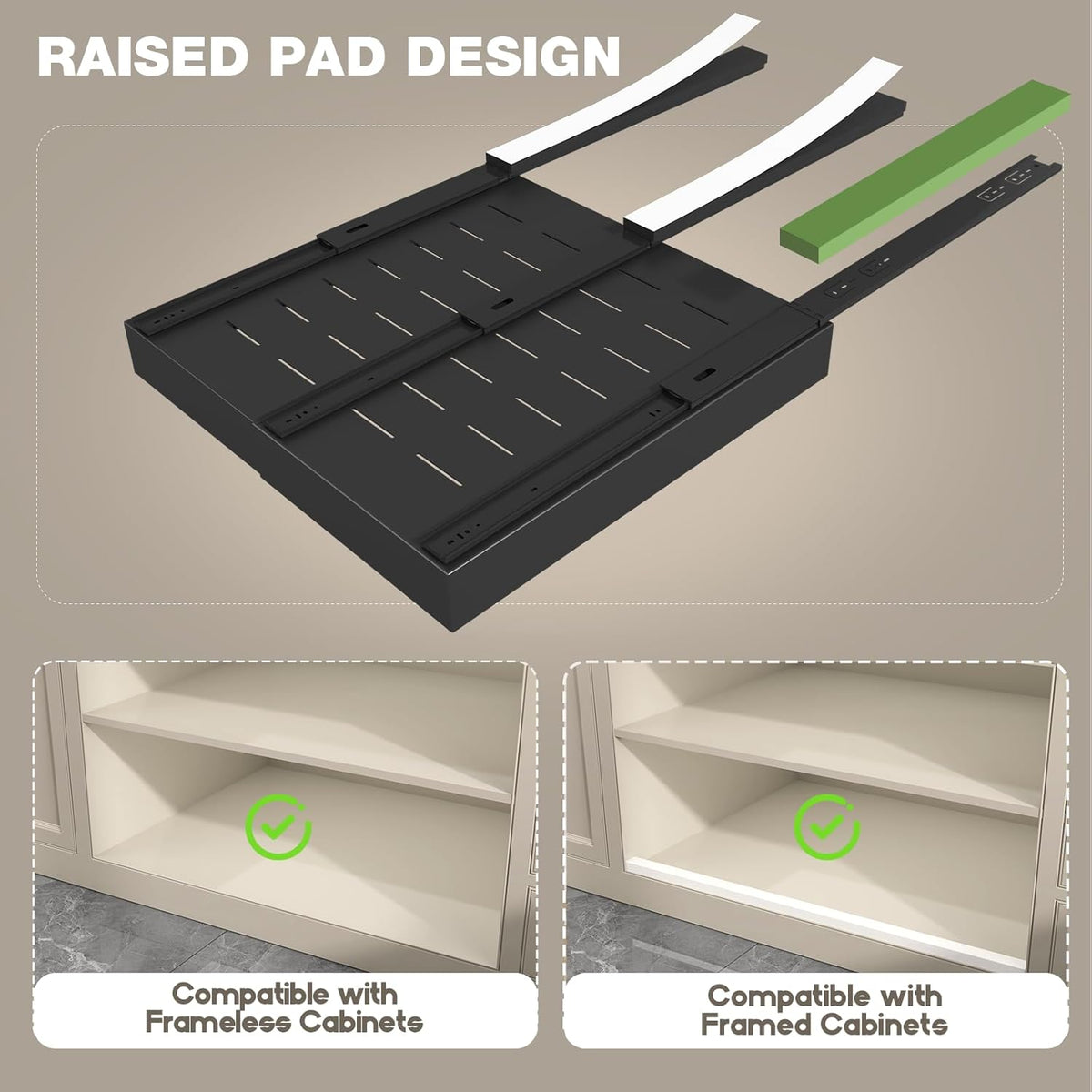 Pull Out Cabinet Organizer 22" Deep,Full Extension 3 Slide Rails Slide Out Drawers With Raising Pad for Framed Cabinets,Expandable Width (12.3"-20.5"),No Drill Roll Out shelf,White