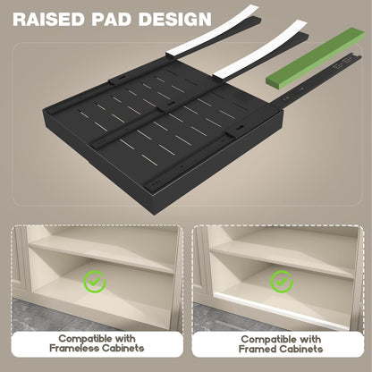 Pull Out Cabinet Organizer 22" Deep,Full Extension 3 Slide Rails Slide Out Drawers With Raising Pad for Framed Cabinets,Expandable Width (12.3"-20.5"),No Drill Roll Out shelf,White