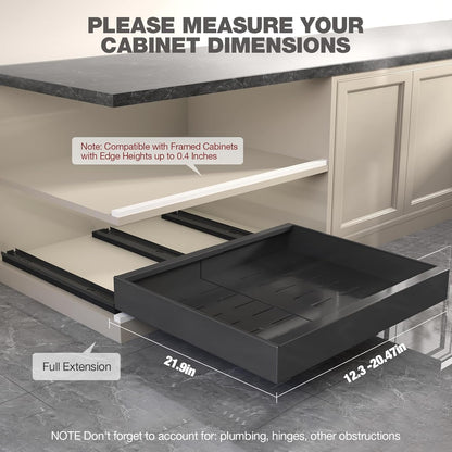 Pull Out Cabinet Organizer 22" Deep,Full Extension 3 Slide Rails Slide Out Drawers With Raising Pad for Framed Cabinets,Expandable Width (12.3"-20.5"),No Drill Roll Out shelf,White