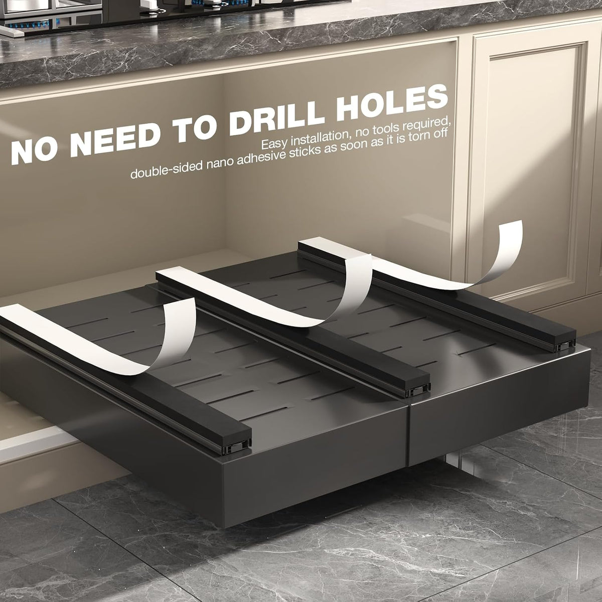 Pull Out Cabinet Organizer 22" Deep,Full Extension 3 Slide Rails Slide Out Drawers With Raising Pad for Framed Cabinets,Expandable Width (12.3"-20.5"),No Drill Roll Out shelf,White