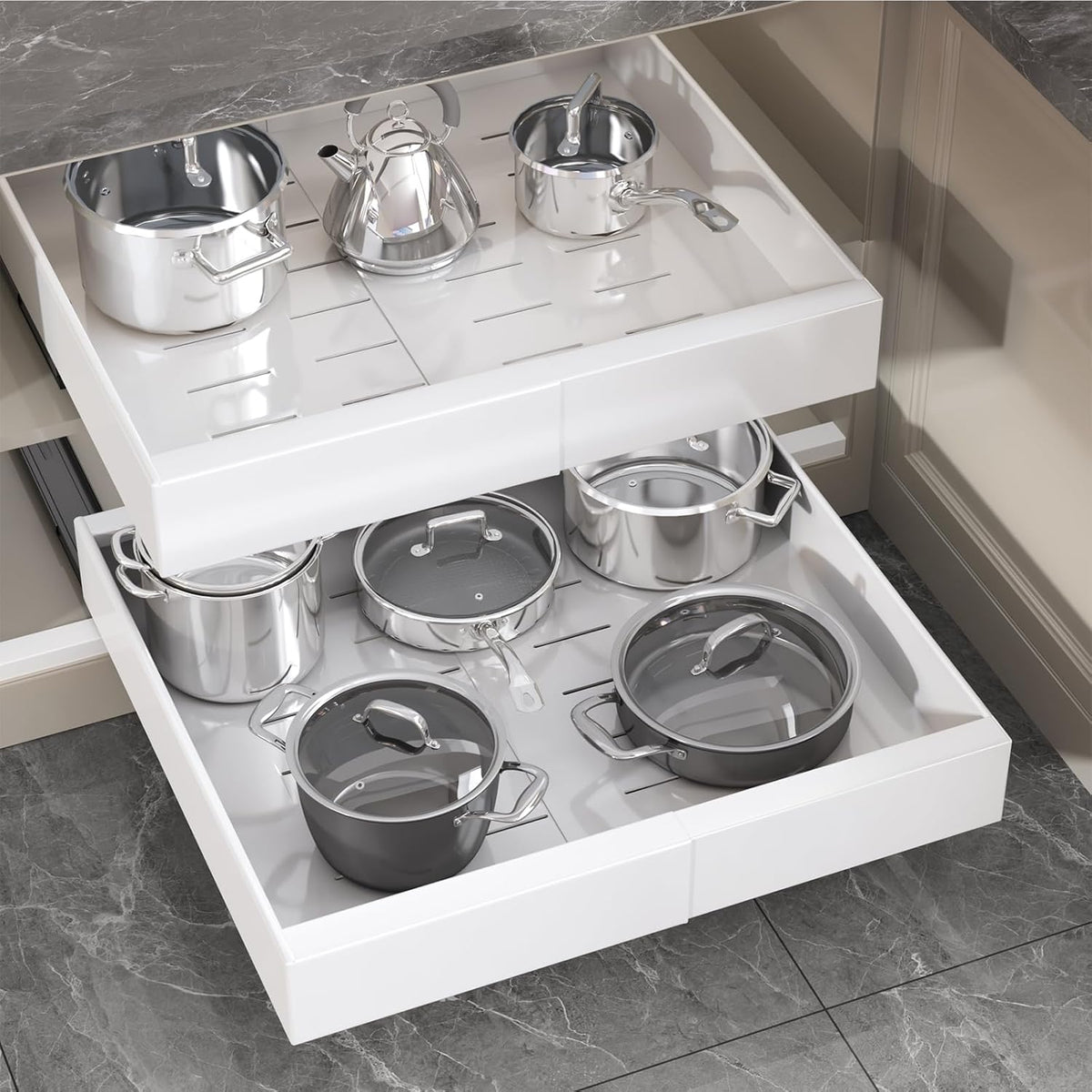 Pull Out Cabinet Organizer 22" Deep,Full Extension 3 Slide Rails Slide Out Drawers With Raising Pad for Framed Cabinets,Expandable Width (12.3"-20.5"),No Drill Roll Out shelf,White