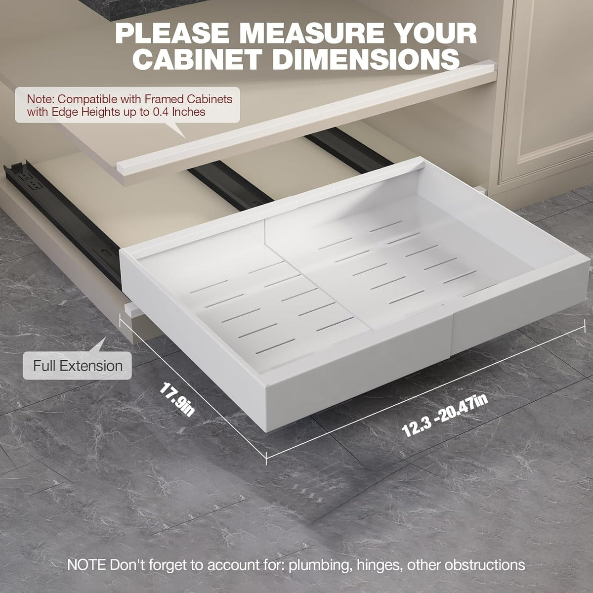 Pull Out Cabinet Organizer 22" Deep,Full Extension 3 Slide Rails Slide Out Drawers With Raising Pad for Framed Cabinets,Expandable Width (12.3"-20.5"),No Drill Roll Out shelf,White