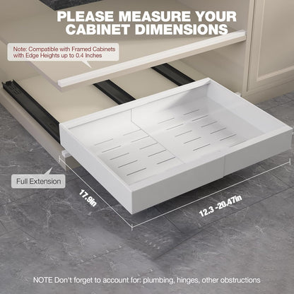 Pull Out Cabinet Organizer 22" Deep,Full Extension 3 Slide Rails Slide Out Drawers With Raising Pad for Framed Cabinets,Expandable Width (12.3"-20.5"),No Drill Roll Out shelf,White