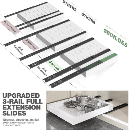Pull Out Cabinet Organizer 22" Deep,Full Extension 3 Slide Rails Slide Out Drawers With Raising Pad for Framed Cabinets,Expandable Width (12.3"-20.5"),No Drill Roll Out shelf,White