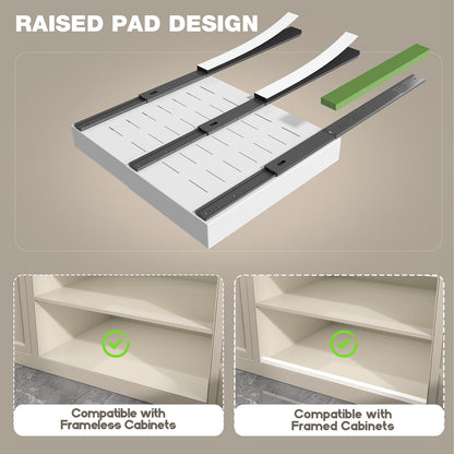 Pull Out Cabinet Organizer 22" Deep,Full Extension 3 Slide Rails Slide Out Drawers With Raising Pad for Framed Cabinets,Expandable Width (12.3"-20.5"),No Drill Roll Out shelf,White