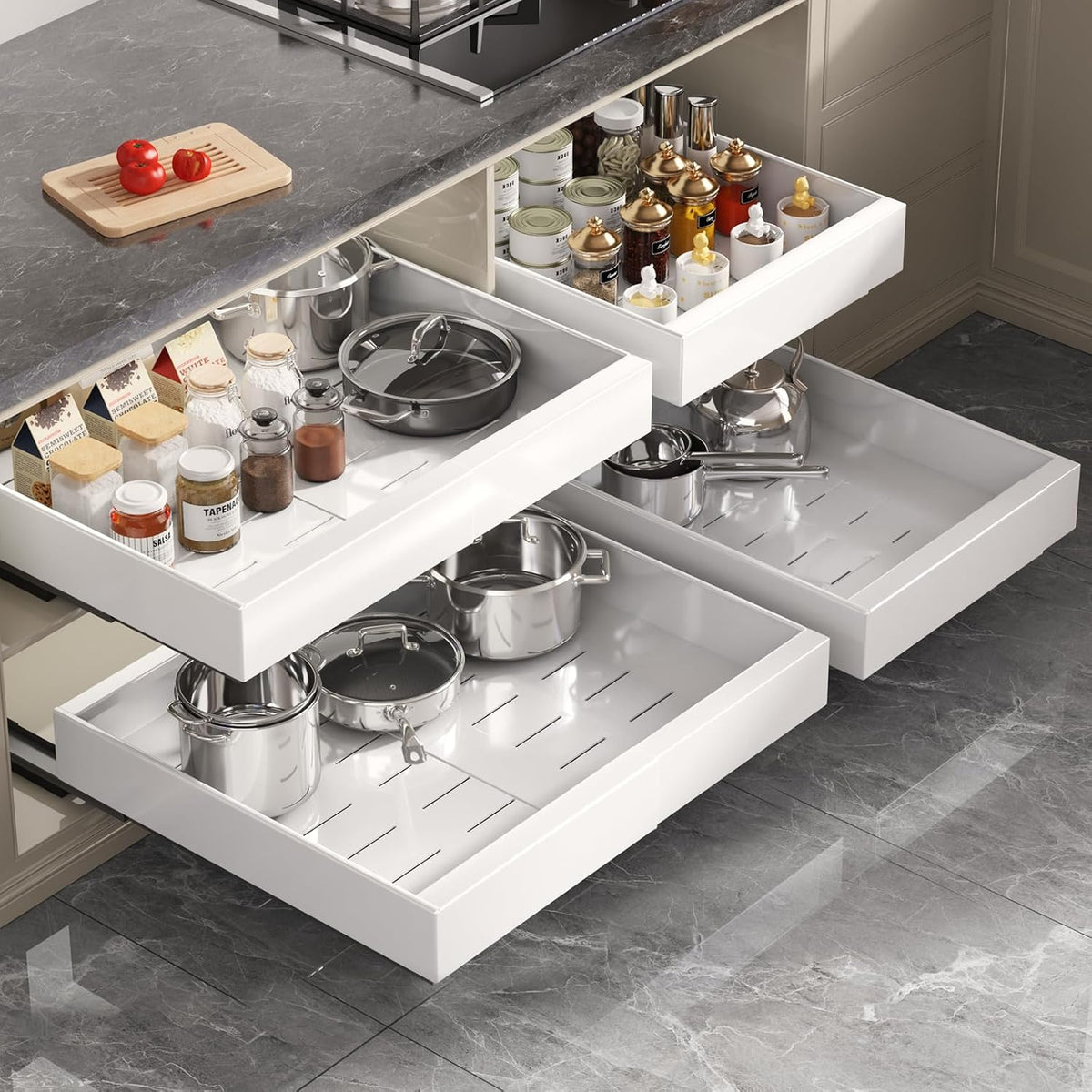 Pull Out Cabinet Organizer 22" Deep,Full Extension 3 Slide Rails Slide Out Drawers With Raising Pad for Framed Cabinets,Expandable Width (12.3"-20.5"),No Drill Roll Out shelf,White