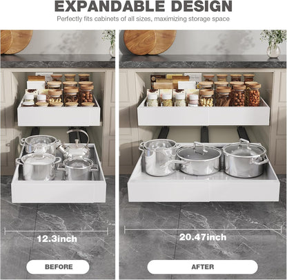 Pull Out Cabinet Organizer 22" Deep,Full Extension 3 Slide Rails Slide Out Drawers With Raising Pad for Framed Cabinets,Expandable Width (12.3"-20.5"),No Drill Roll Out shelf,White