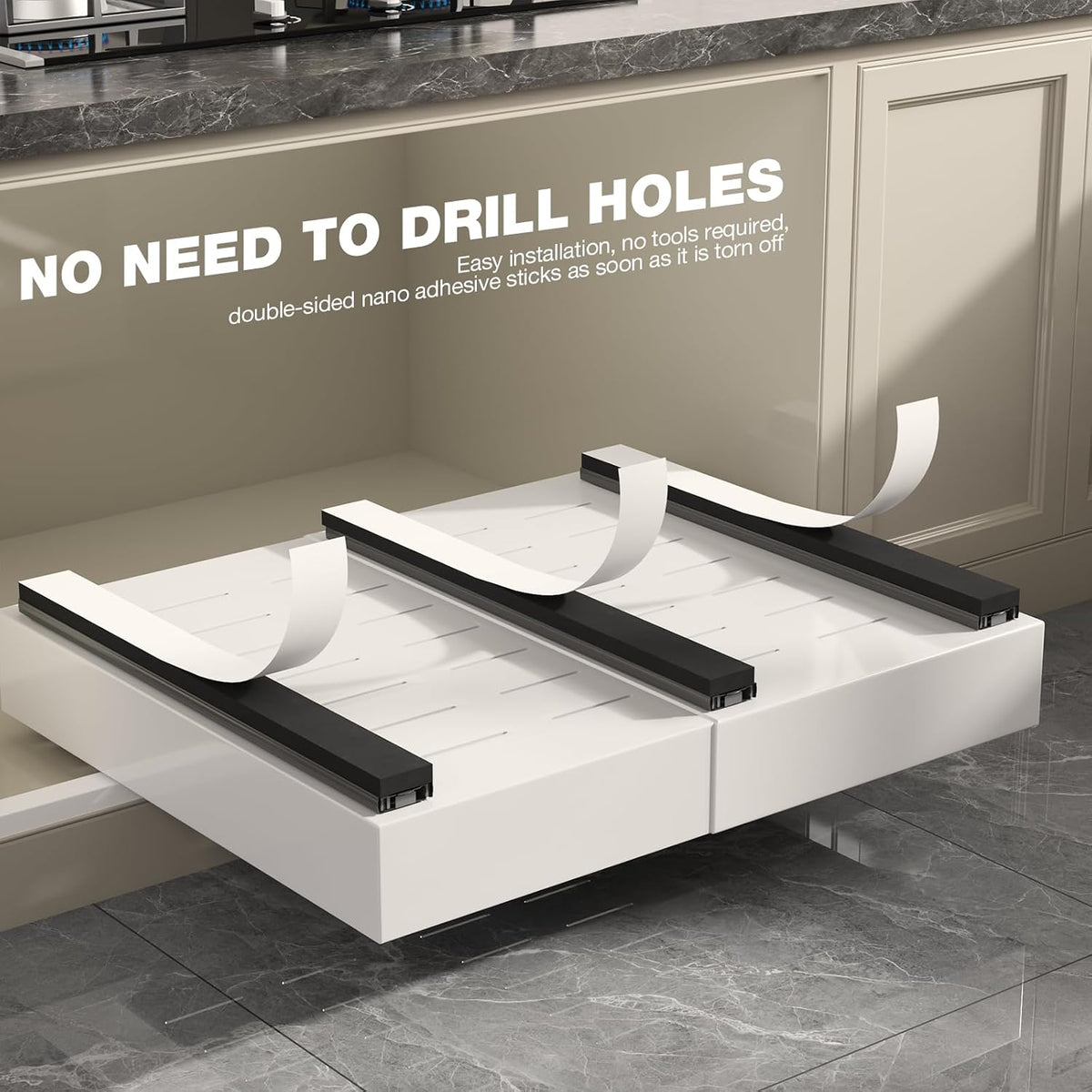 Pull Out Cabinet Organizer 22" Deep,Full Extension 3 Slide Rails Slide Out Drawers With Raising Pad for Framed Cabinets,Expandable Width (12.3"-20.5"),No Drill Roll Out shelf,White