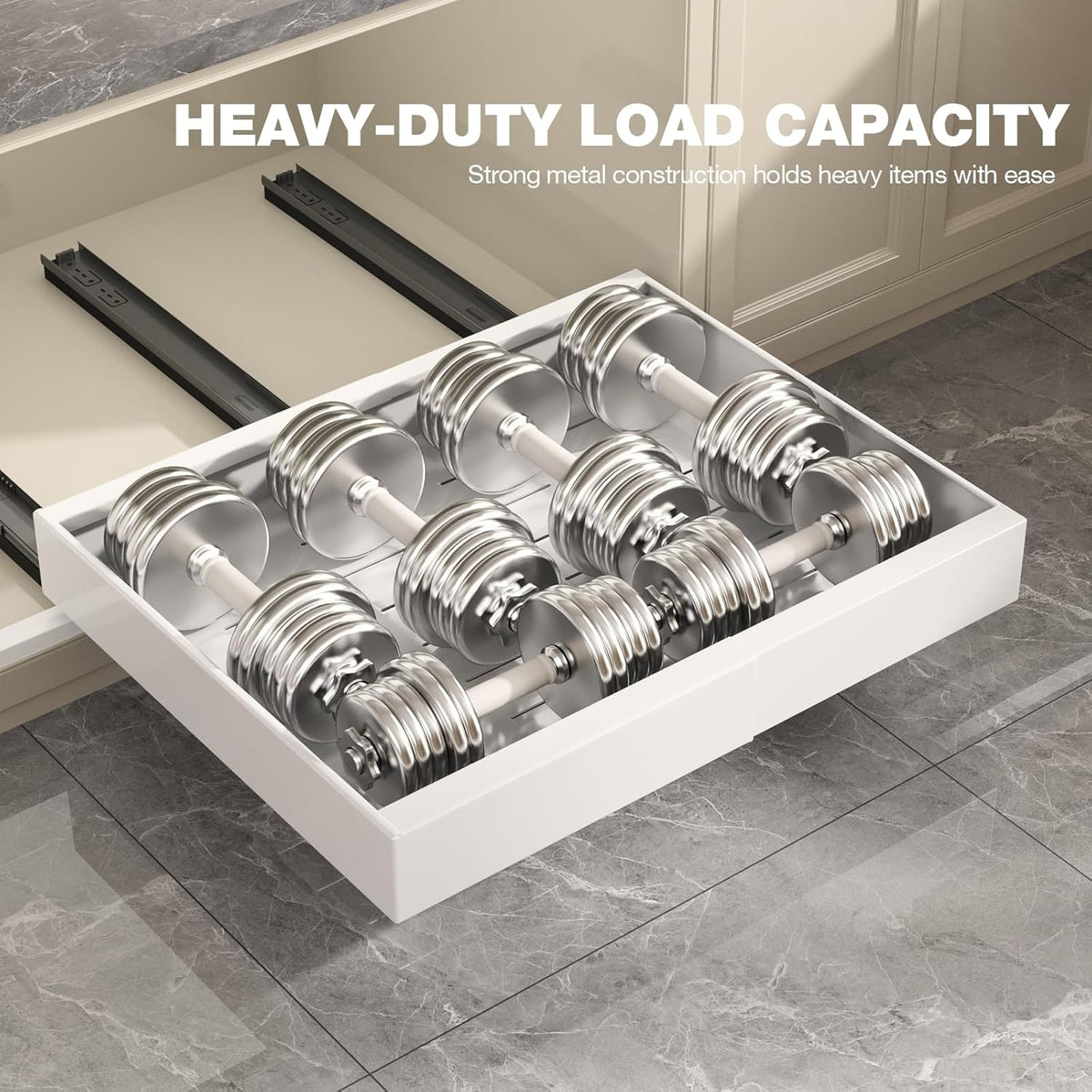 Pull Out Cabinet Organizer 22" Deep,Full Extension 3 Slide Rails Slide Out Drawers With Raising Pad for Framed Cabinets,Expandable Width (12.3"-20.5"),No Drill Roll Out shelf,White