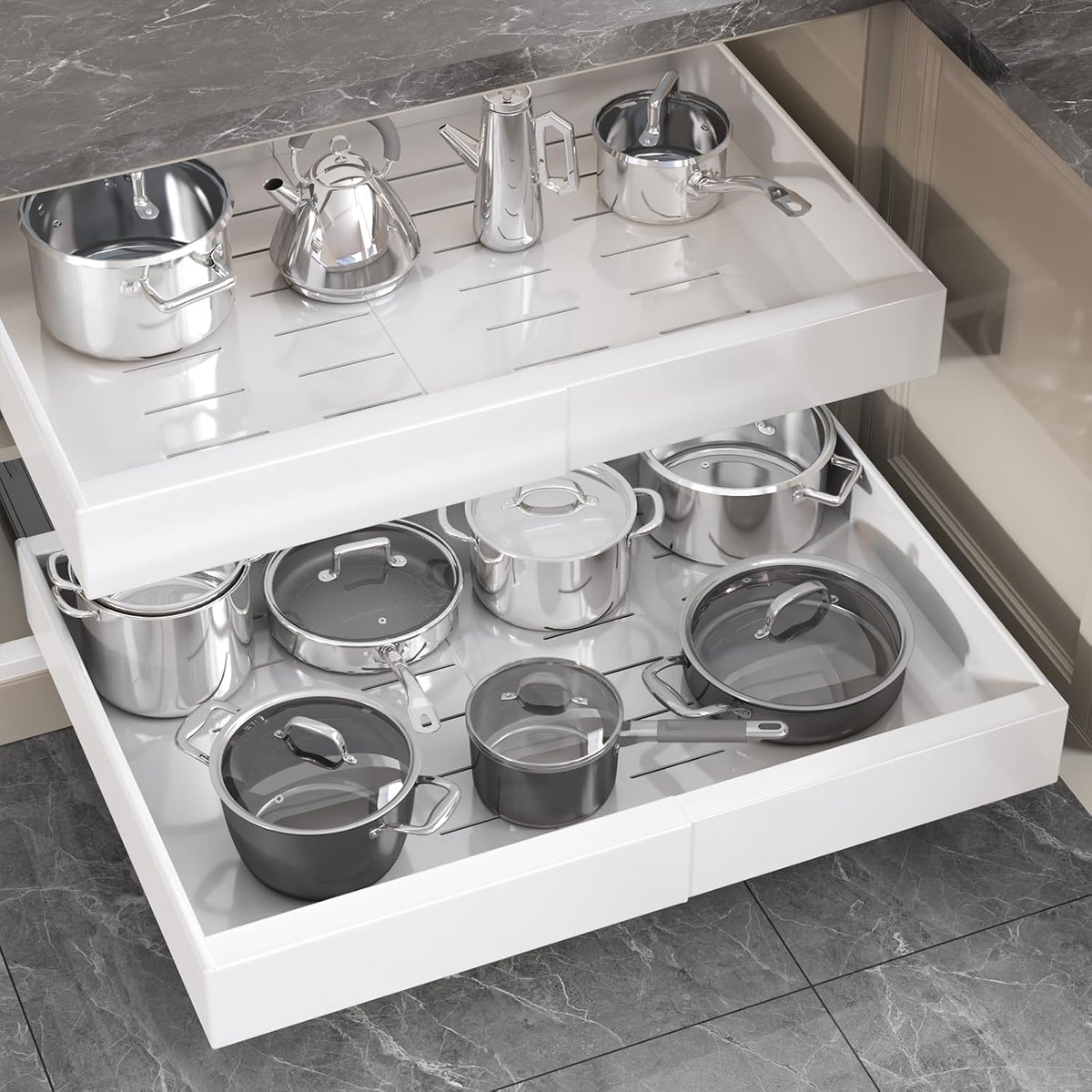 Pull Out Cabinet Organizer 22" Deep,Full Extension 3 Slide Rails Slide Out Drawers With Raising Pad for Framed Cabinets,Expandable Width (12.3"-20.5"),No Drill Roll Out shelf,White
