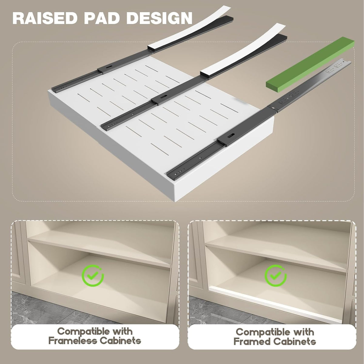 Pull Out Cabinet Organizer 22" Deep,Full Extension 3 Slide Rails Slide Out Drawers With Raising Pad for Framed Cabinets,Expandable Width (12.3"-20.5"),No Drill Roll Out shelf,White