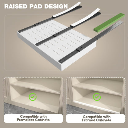 Pull Out Cabinet Organizer 22" Deep,Full Extension 3 Slide Rails Slide Out Drawers With Raising Pad for Framed Cabinets,Expandable Width (12.3"-20.5"),No Drill Roll Out shelf,White