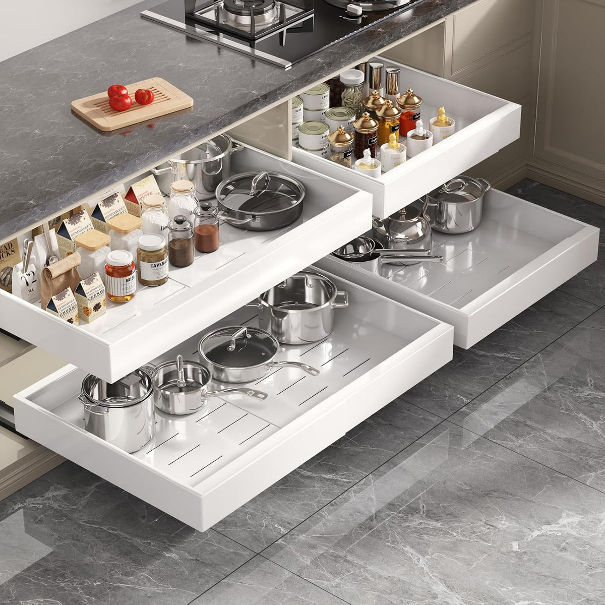 Pull Out Cabinet Organizer 22" Deep,Full Extension 3 Slide Rails Slide Out Drawers With Raising Pad for Framed Cabinets,Expandable Width (12.3"-20.5"),No Drill Roll Out shelf,White