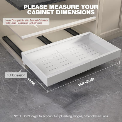 Pull Out Cabinet Organizer 22" Deep,Full Extension 3 Slide Rails Slide Out Drawers With Raising Pad for Framed Cabinets,Expandable Width (12.3"-20.5"),No Drill Roll Out shelf,White