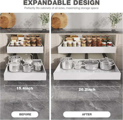 Pull Out Cabinet Organizer 22" Deep,Full Extension 3 Slide Rails Slide Out Drawers With Raising Pad for Framed Cabinets,Expandable Width (12.3"-20.5"),No Drill Roll Out shelf,White