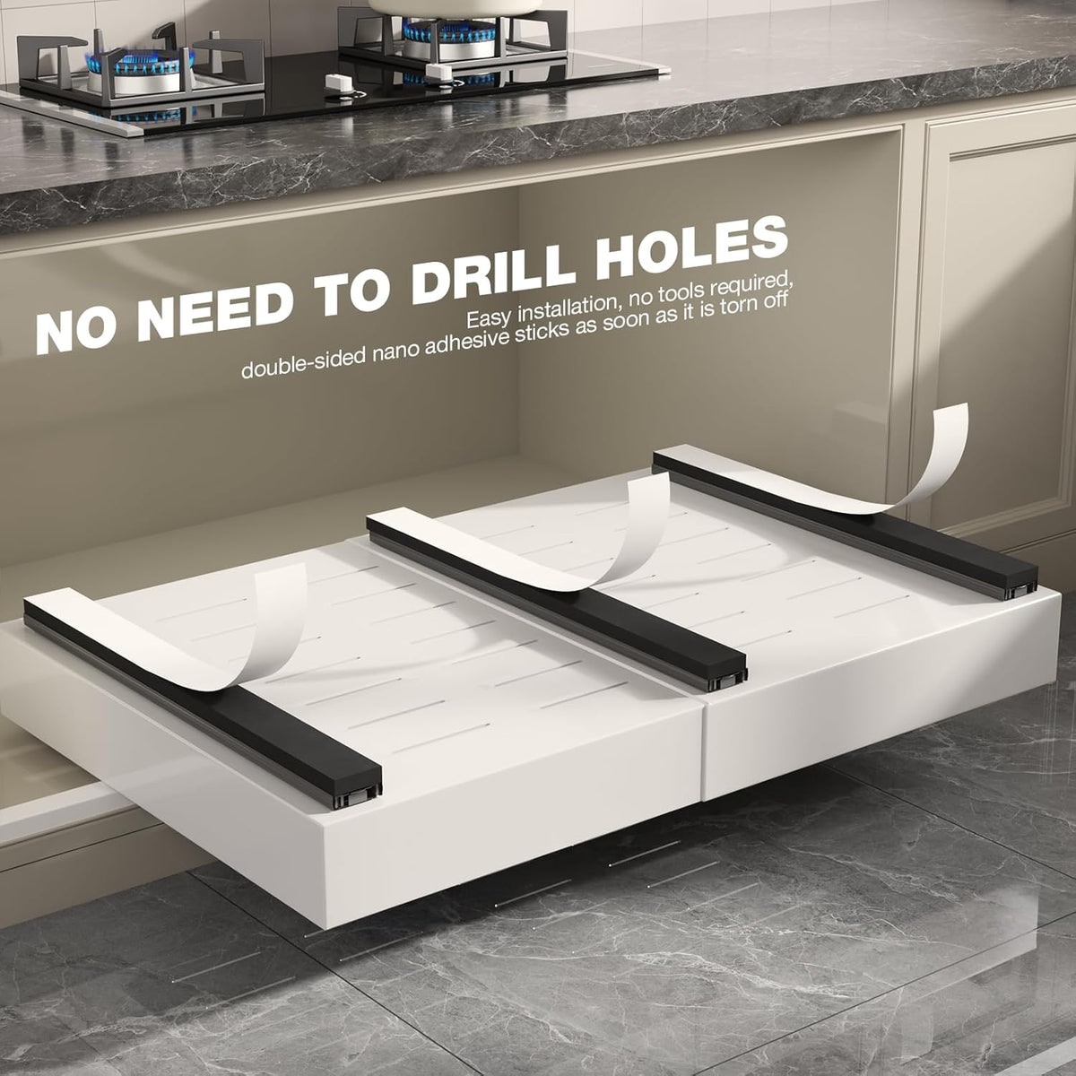 Pull Out Cabinet Organizer 22" Deep,Full Extension 3 Slide Rails Slide Out Drawers With Raising Pad for Framed Cabinets,Expandable Width (12.3"-20.5"),No Drill Roll Out shelf,White