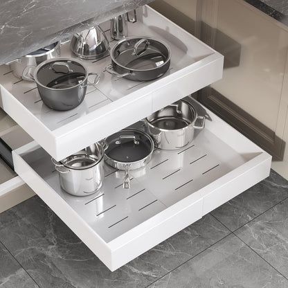 Pull Out Cabinet Organizer 22" Deep,Full Extension 3 Slide Rails Slide Out Drawers With Raising Pad for Framed Cabinets,Expandable Width (12.3"-20.5"),No Drill Roll Out shelf,White