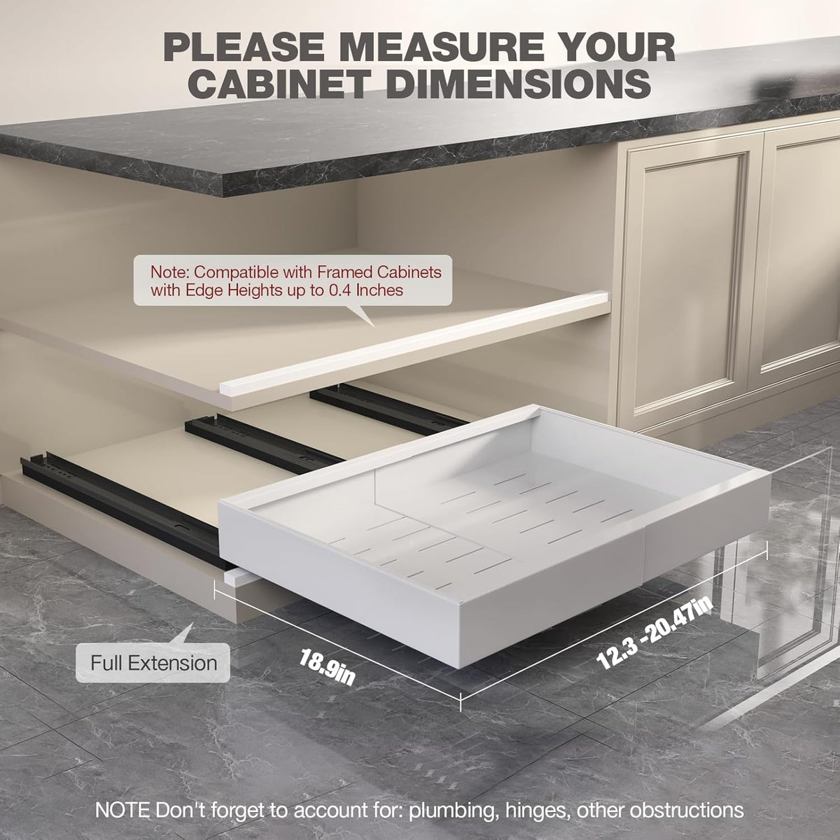 Pull Out Cabinet Organizer 22" Deep,Full Extension 3 Slide Rails Slide Out Drawers With Raising Pad for Framed Cabinets,Expandable Width (12.3"-20.5"),No Drill Roll Out shelf,White