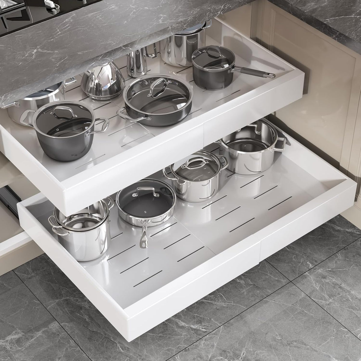 Pull Out Cabinet Organizer 22" Deep,Full Extension 3 Slide Rails Slide Out Drawers With Raising Pad for Framed Cabinets,Expandable Width (12.3"-20.5"),No Drill Roll Out shelf,White