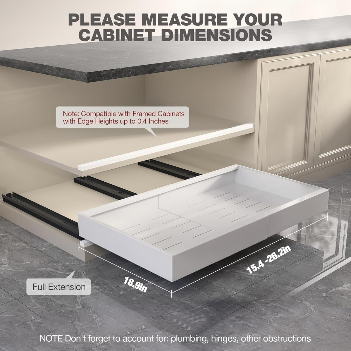Pull Out Cabinet Organizer 22" Deep,Full Extension 3 Slide Rails Slide Out Drawers With Raising Pad for Framed Cabinets,Expandable Width (12.3"-20.5"),No Drill Roll Out shelf,White