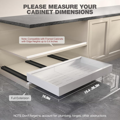 Pull Out Cabinet Organizer 22" Deep,Full Extension 3 Slide Rails Slide Out Drawers With Raising Pad for Framed Cabinets,Expandable Width (12.3"-20.5"),No Drill Roll Out shelf,White