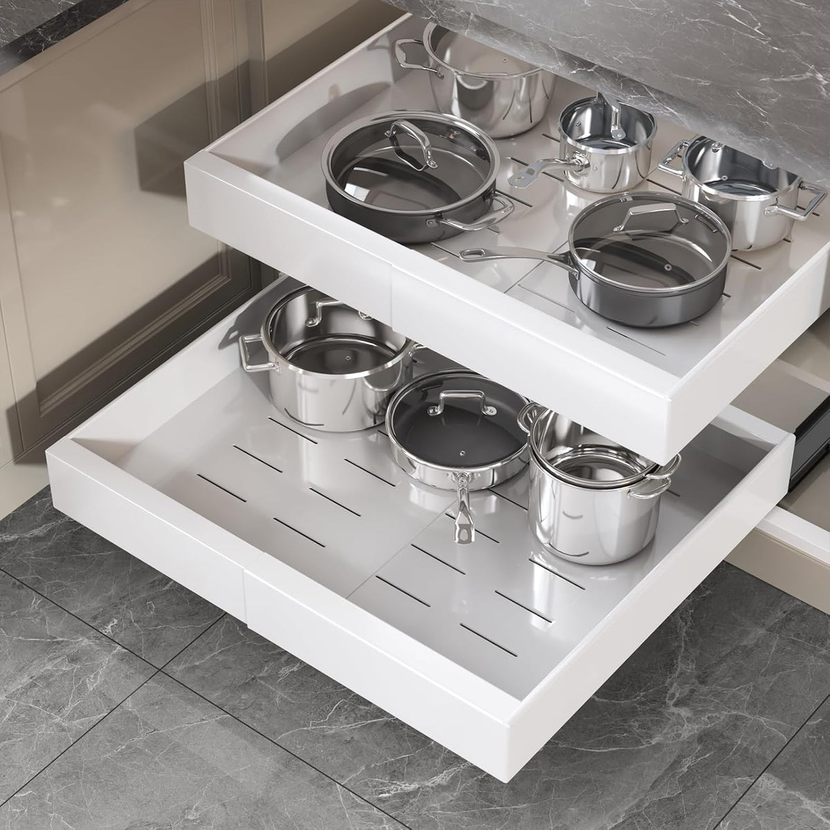 Pull Out Cabinet Organizer 22" Deep,Full Extension 3 Slide Rails Slide Out Drawers With Raising Pad for Framed Cabinets,Expandable Width (12.3"-20.5"),No Drill Roll Out shelf,White