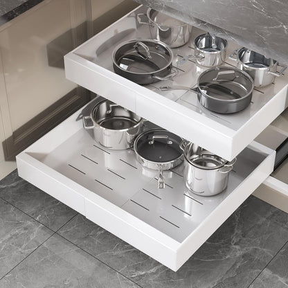 Pull Out Cabinet Organizer 22" Deep,Full Extension 3 Slide Rails Slide Out Drawers With Raising Pad for Framed Cabinets,Expandable Width (12.3"-20.5"),No Drill Roll Out shelf,White