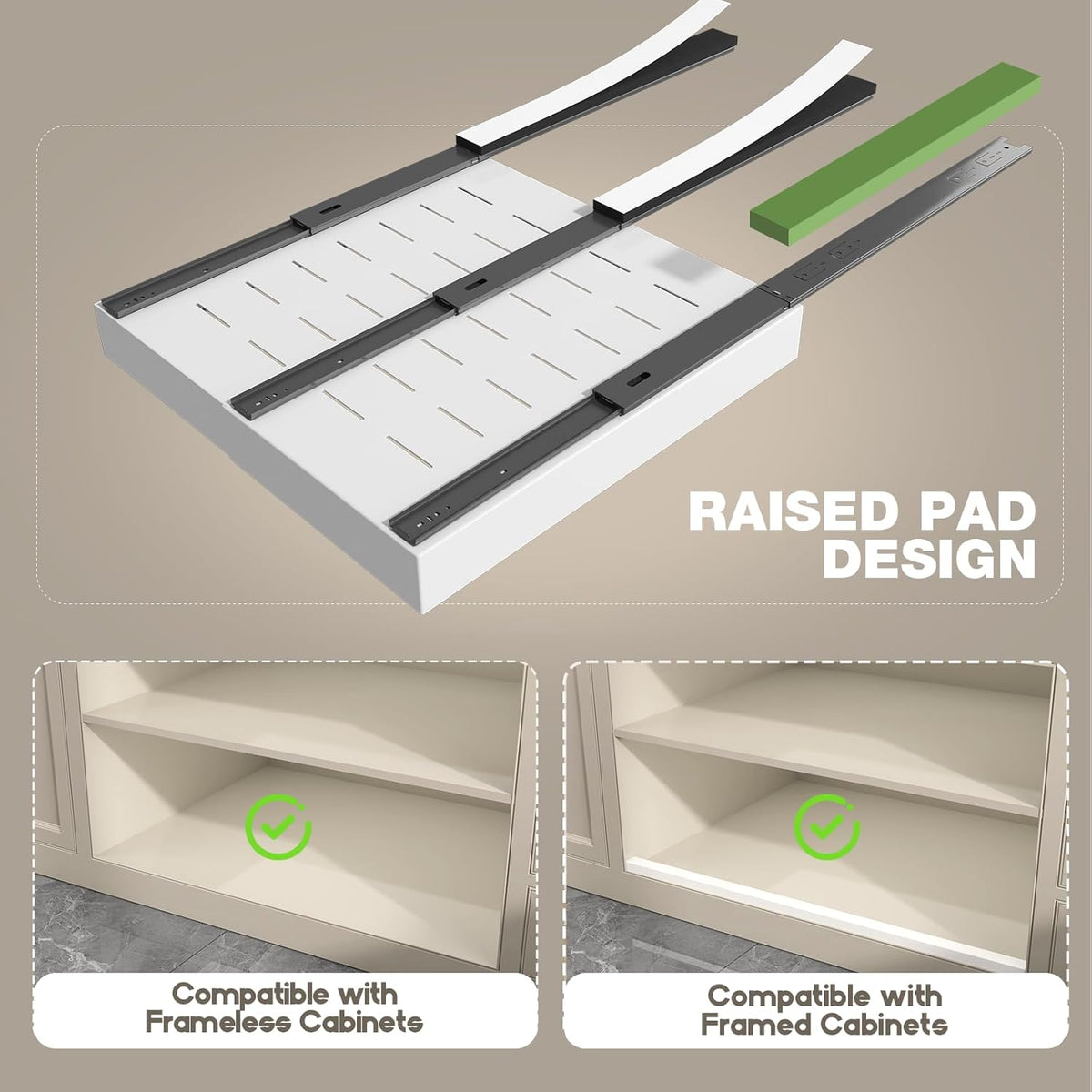 Pull Out Cabinet Organizer 22" Deep,Full Extension 3 Slide Rails Slide Out Drawers With Raising Pad for Framed Cabinets,Expandable Width (12.3"-20.5"),No Drill Roll Out shelf,White