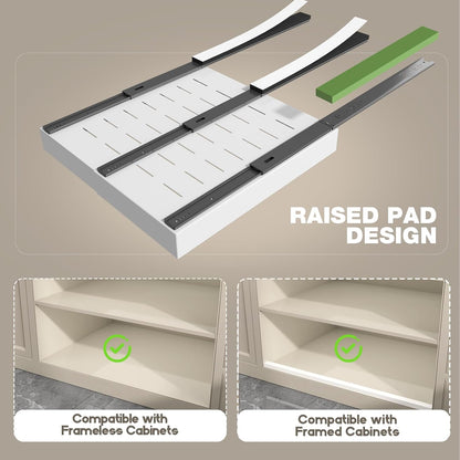 Pull Out Cabinet Organizer 22" Deep,Full Extension 3 Slide Rails Slide Out Drawers With Raising Pad for Framed Cabinets,Expandable Width (12.3"-20.5"),No Drill Roll Out shelf,White
