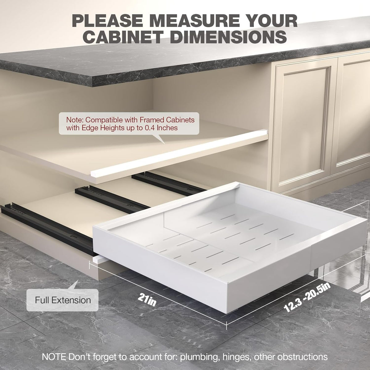 Pull Out Cabinet Organizer 22" Deep,Full Extension 3 Slide Rails Slide Out Drawers With Raising Pad for Framed Cabinets,Expandable Width (12.3"-20.5"),No Drill Roll Out shelf,White