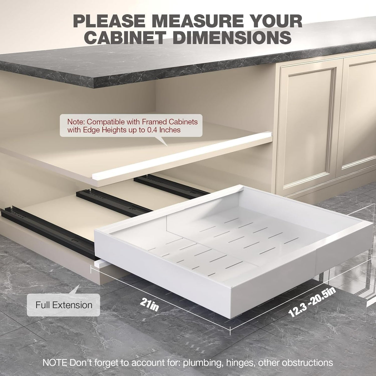 Pull Out Cabinet Organizer 22" Deep,Full Extension 3 Slide Rails Slide Out Drawers With Raising Pad for Framed Cabinets,Expandable Width (12.3"-20.5"),No Drill Roll Out shelf,White
