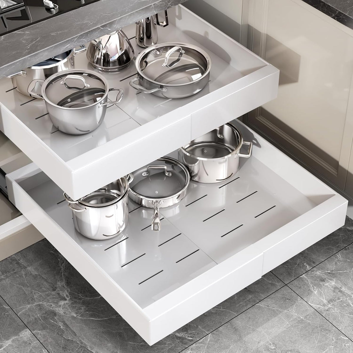 Pull Out Cabinet Organizer 22" Deep,Full Extension 3 Slide Rails Slide Out Drawers With Raising Pad for Framed Cabinets,Expandable Width (12.3"-20.5"),No Drill Roll Out shelf,White