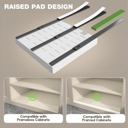 Pull Out Cabinet Organizer 22" Deep,Full Extension 3 Slide Rails Slide Out Drawers With Raising Pad for Framed Cabinets,Expandable Width (12.3"-20.5"),No Drill Roll Out shelf,White