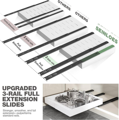 Pull Out Cabinet Organizer 22" Deep,Full Extension 3 Slide Rails Slide Out Drawers With Raising Pad for Framed Cabinets,Expandable Width (12.3"-20.5"),No Drill Roll Out shelf,White