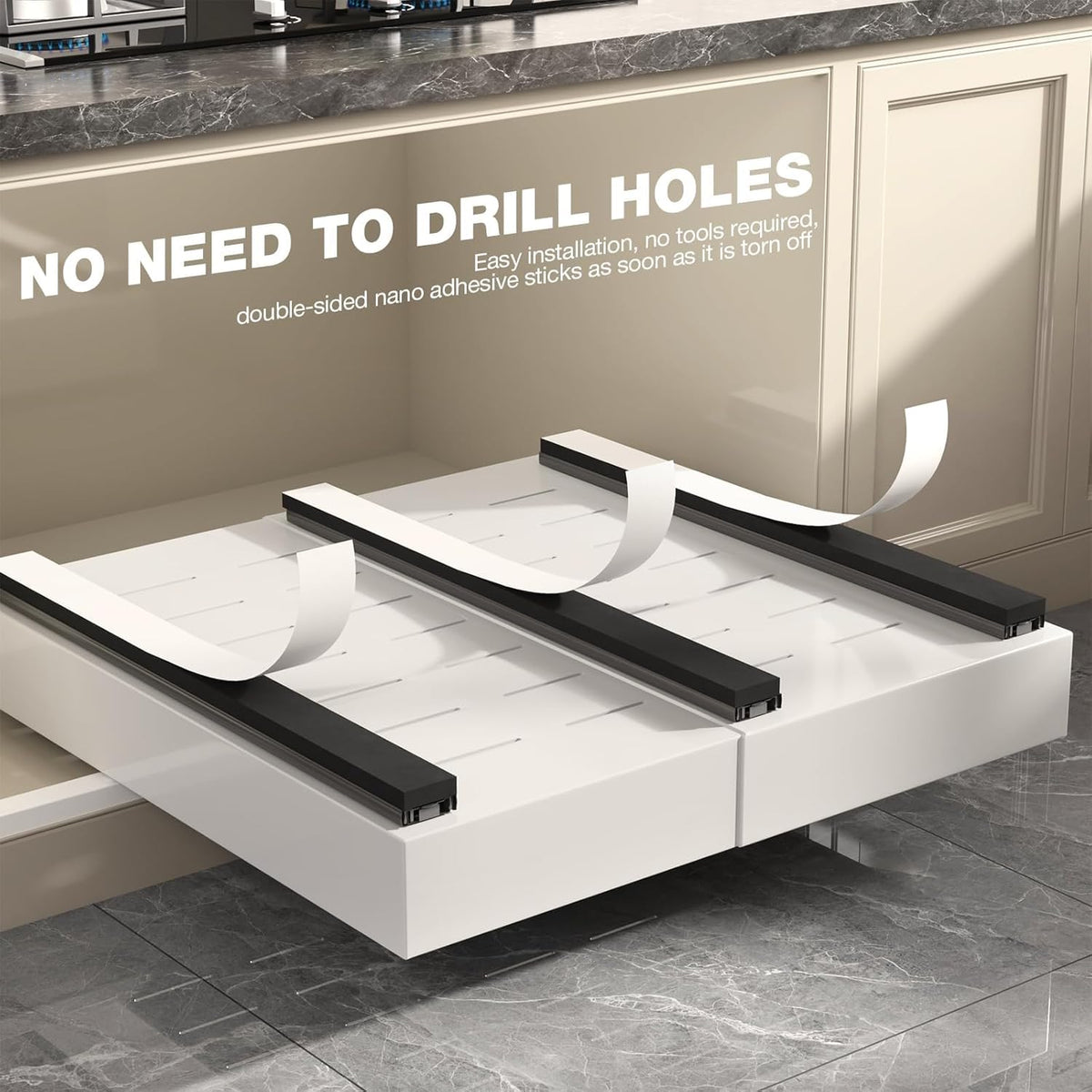 Pull Out Cabinet Organizer 22" Deep,Full Extension 3 Slide Rails Slide Out Drawers With Raising Pad for Framed Cabinets,Expandable Width (12.3"-20.5"),No Drill Roll Out shelf,White