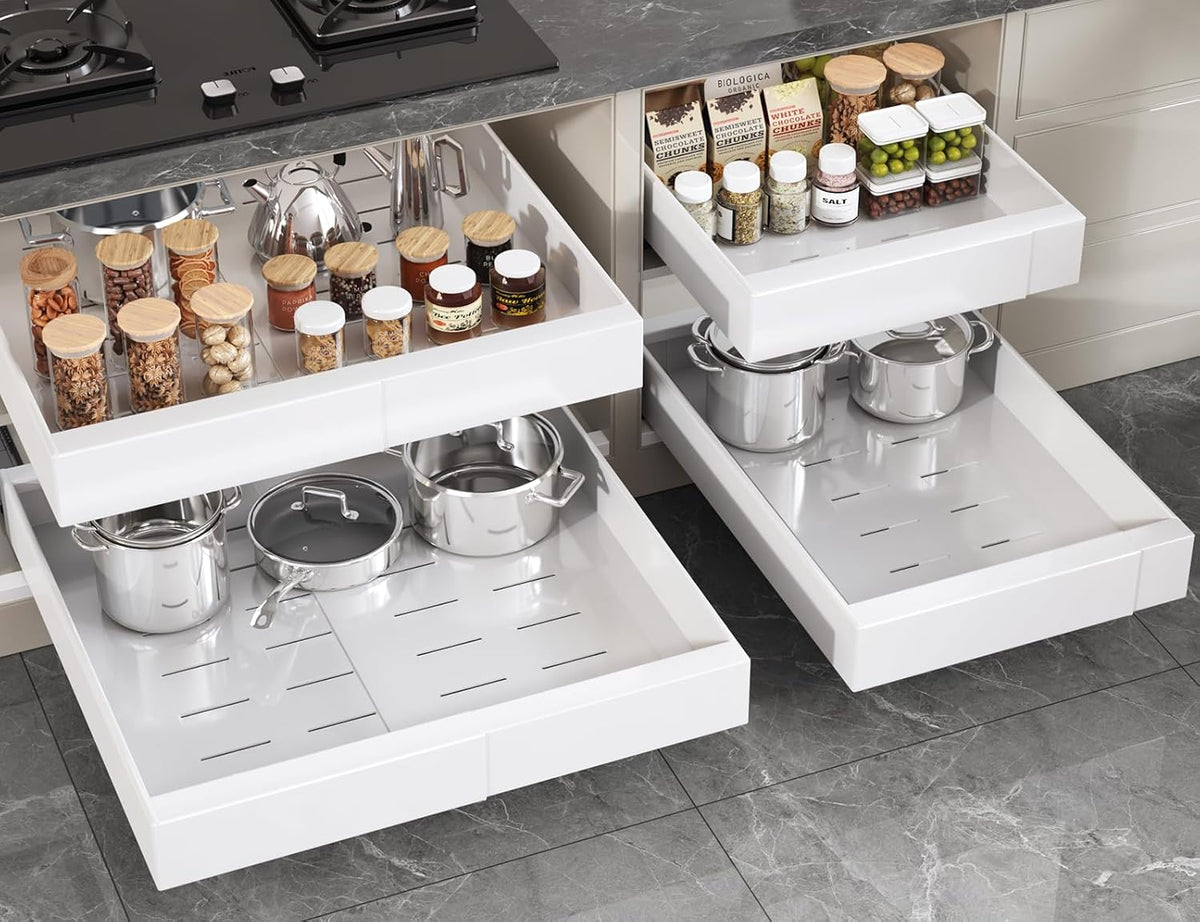 Pull Out Cabinet Organizer 22" Deep,Full Extension 3 Slide Rails Slide Out Drawers With Raising Pad for Framed Cabinets,Expandable Width (12.3"-20.5"),No Drill Roll Out shelf,White