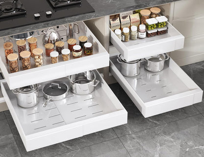 Pull Out Cabinet Organizer 22" Deep,Full Extension 3 Slide Rails Slide Out Drawers With Raising Pad for Framed Cabinets,Expandable Width (12.3"-20.5"),No Drill Roll Out shelf,White