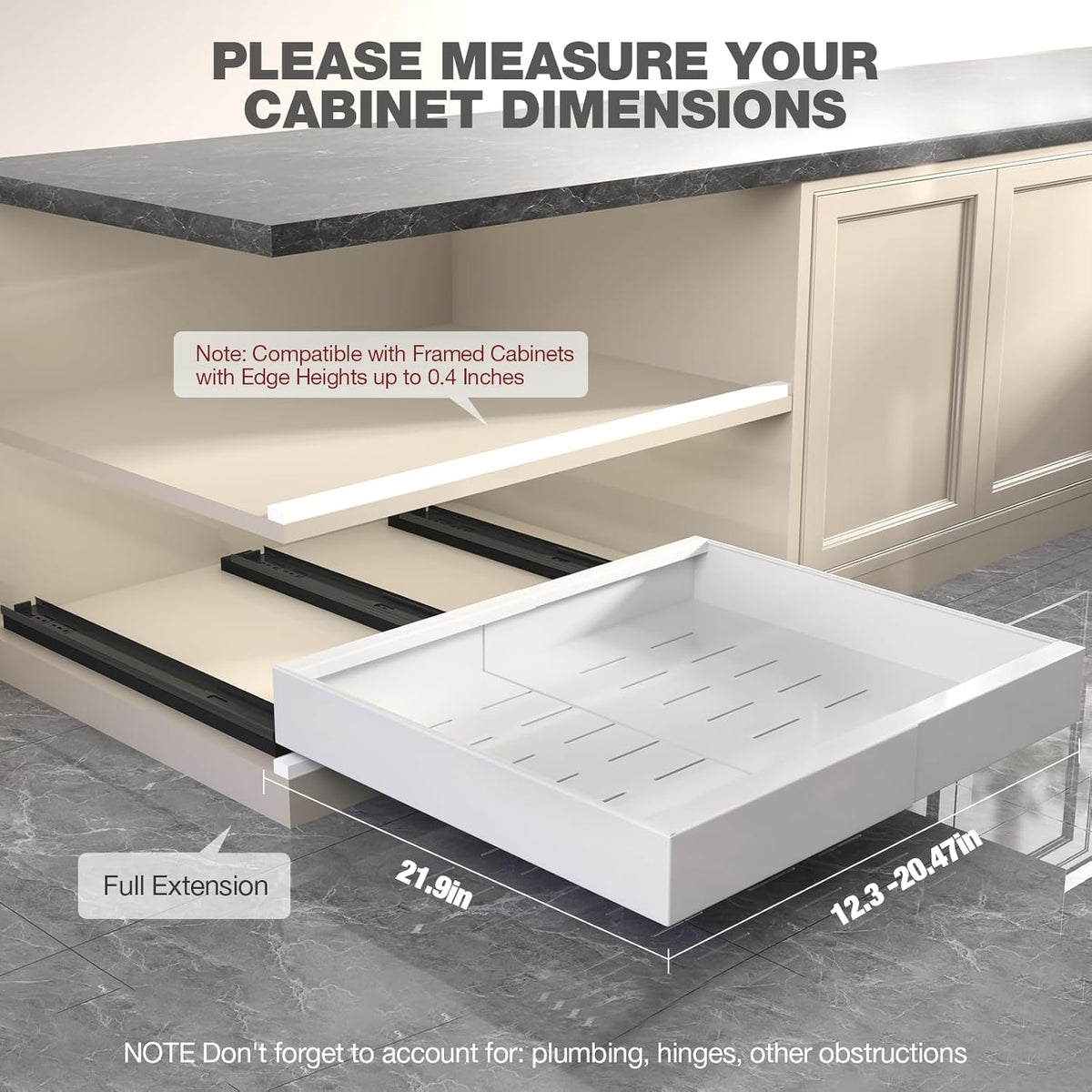 Pull Out Cabinet Organizer 22" Deep,Full Extension 3 Slide Rails Slide Out Drawers With Raising Pad for Framed Cabinets,Expandable Width (12.3"-20.5"),No Drill Roll Out shelf,White