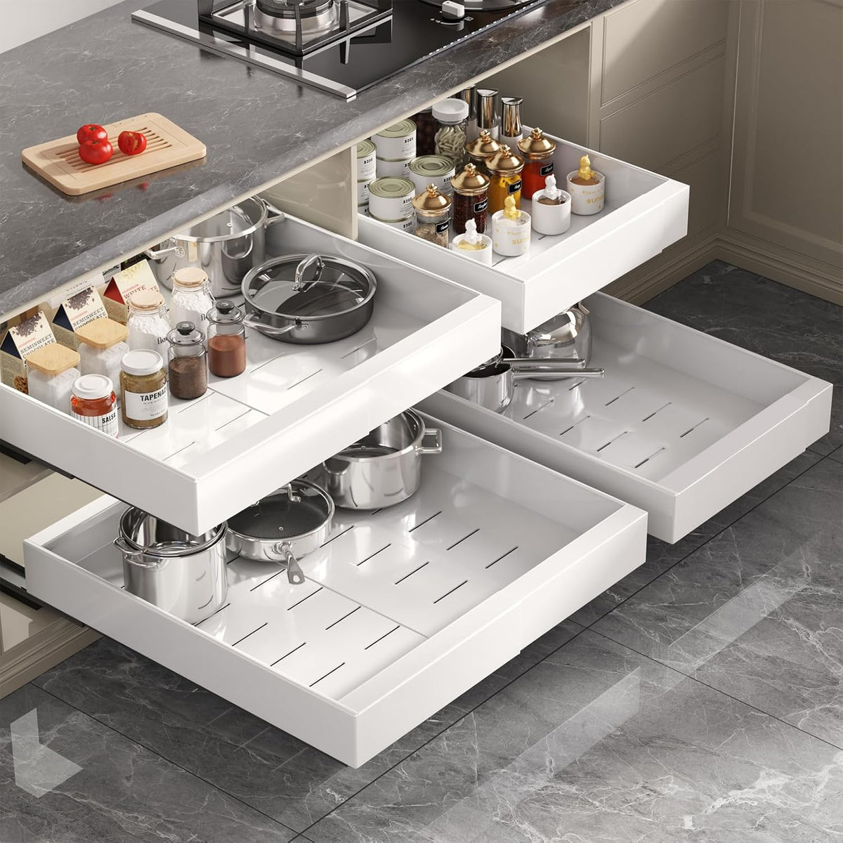 Pull Out Cabinet Organizer 22" Deep,Full Extension 3 Slide Rails Slide Out Drawers With Raising Pad for Framed Cabinets,Expandable Width (12.3"-20.5"),No Drill Roll Out shelf,White