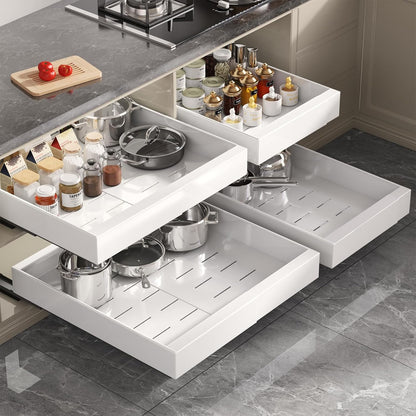 Pull Out Cabinet Organizer 22" Deep,Full Extension 3 Slide Rails Slide Out Drawers With Raising Pad for Framed Cabinets,Expandable Width (12.3"-20.5"),No Drill Roll Out shelf,White