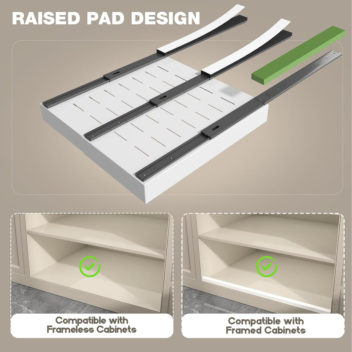 Pull Out Cabinet Organizer 22" Deep,Full Extension 3 Slide Rails Slide Out Drawers With Raising Pad for Framed Cabinets,Expandable Width (12.3"-20.5"),No Drill Roll Out shelf,White