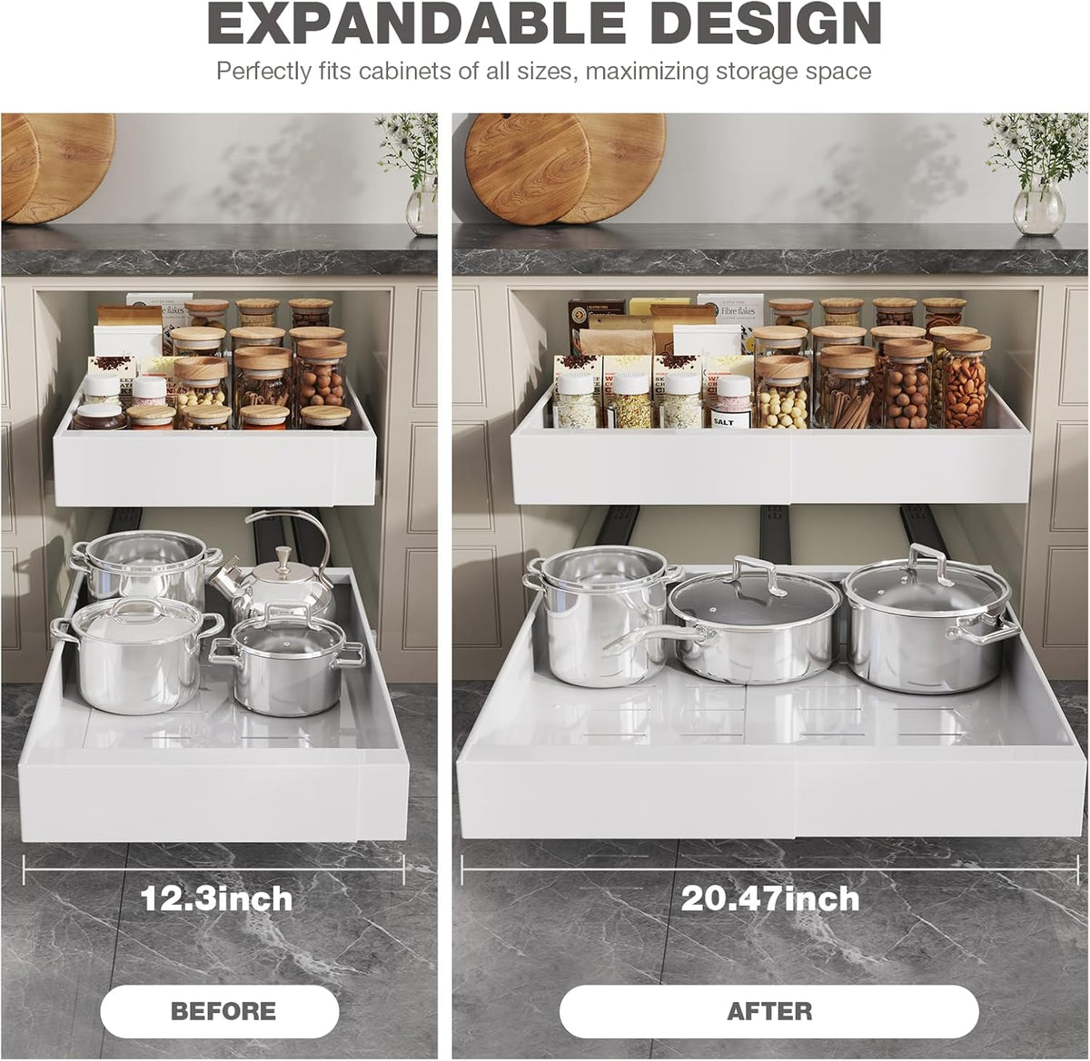 Pull Out Cabinet Organizer 22" Deep,Full Extension 3 Slide Rails Slide Out Drawers With Raising Pad for Framed Cabinets,Expandable Width (12.3"-20.5"),No Drill Roll Out shelf,White