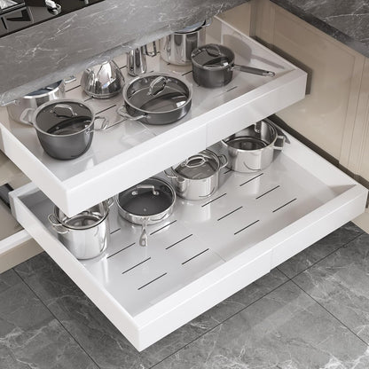 Pull Out Cabinet Organizer 22" Deep,Full Extension 3 Slide Rails Slide Out Drawers With Raising Pad for Framed Cabinets,Expandable Width (12.3"-20.5"),No Drill Roll Out shelf,White