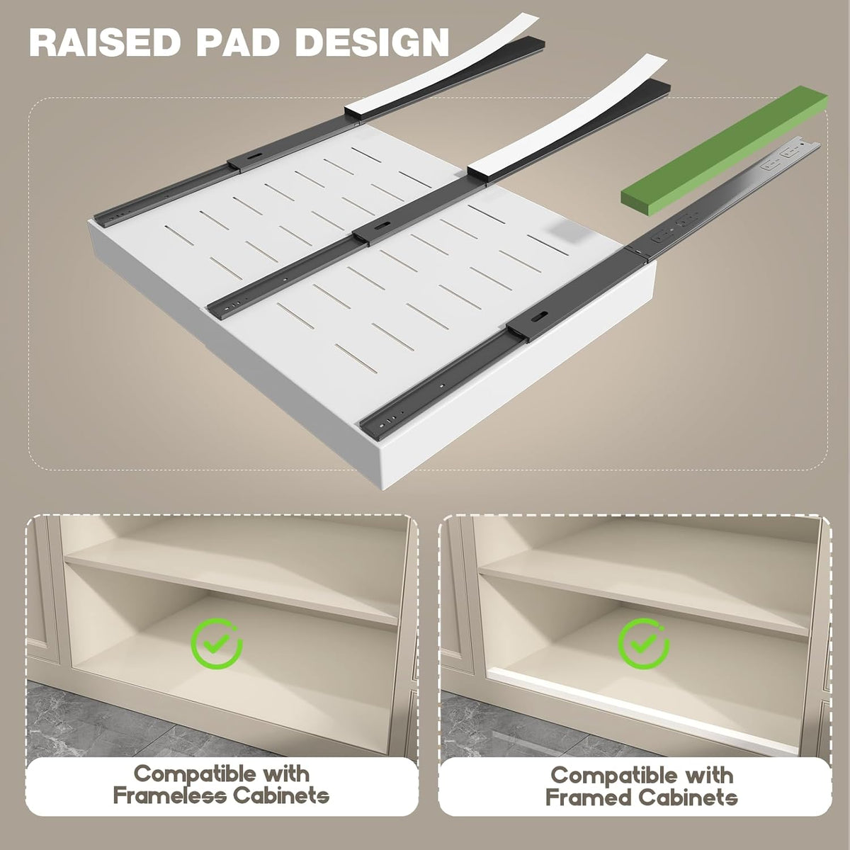 Pull Out Cabinet Organizer 22" Deep,Full Extension 3 Slide Rails Slide Out Drawers With Raising Pad for Framed Cabinets,Expandable Width (12.3"-20.5"),No Drill Roll Out shelf,White
