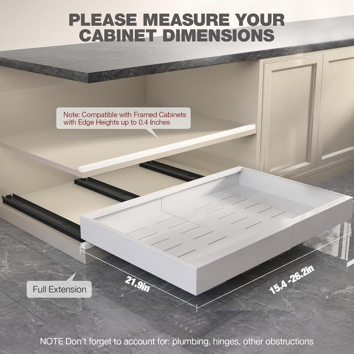 Pull Out Cabinet Organizer 22" Deep,Full Extension 3 Slide Rails Slide Out Drawers With Raising Pad for Framed Cabinets,Expandable Width (12.3"-20.5"),No Drill Roll Out shelf,White